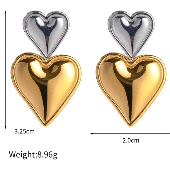 Waterproof Double Heart Drop Earrings*Tarnish Free - Picture 4 of 6